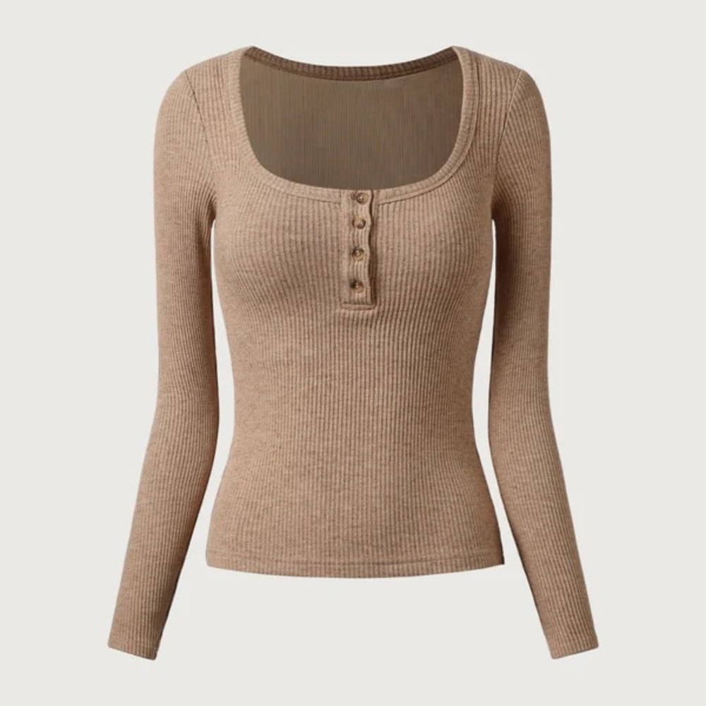 OGL Ribbed Henley Long-Sleeve Top in Taupe